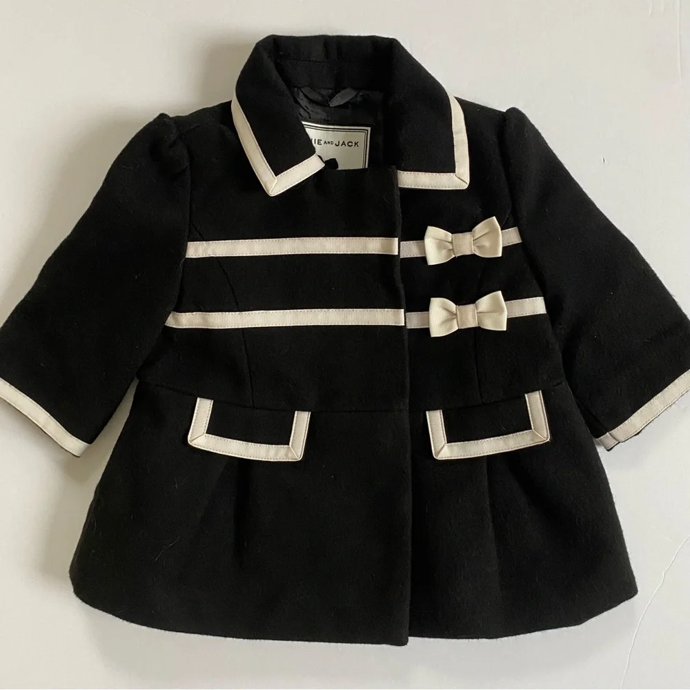 Janie and Jack Jacket Size 3 6 Months Black Winter Formal Dressy White Bows EUC